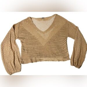 Free People Sz M Beige Linen/Cotton Open Knit Vneck Hippie Boho Indie 70s